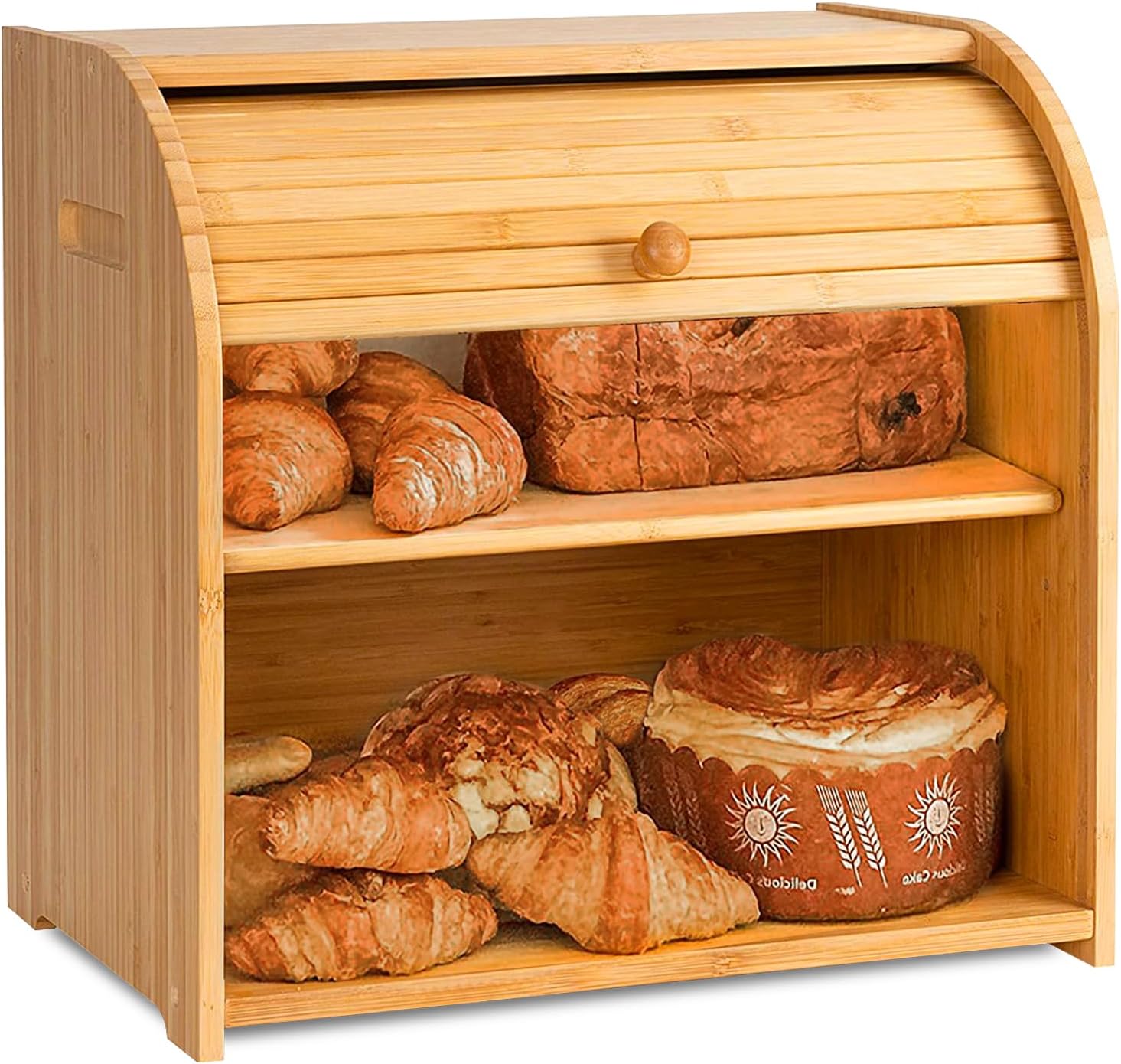 Large Bamboo Bread Box with Roll Top for Kitchen Storage
