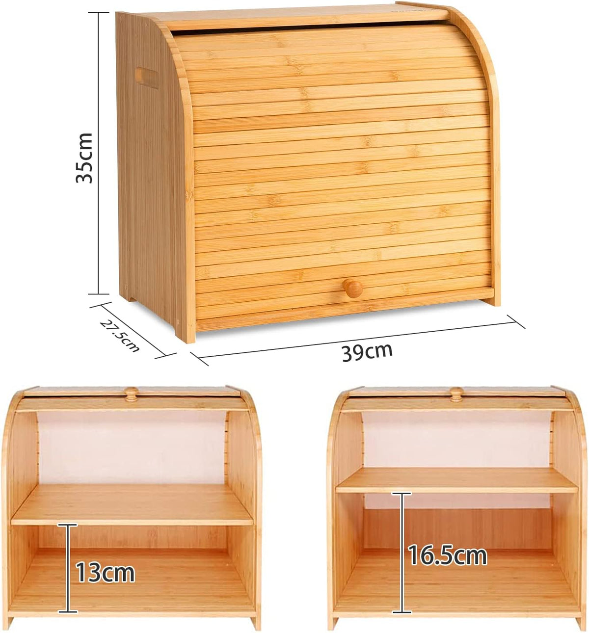 Large Bamboo Bread Box with Roll Top for Kitchen Storage