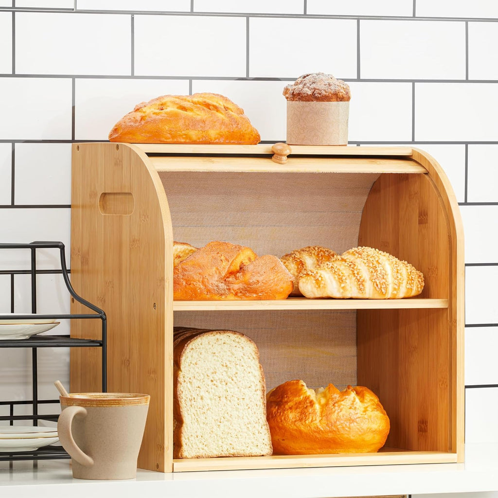 Large Bamboo Bread Box with Roll Top for Kitchen Storage