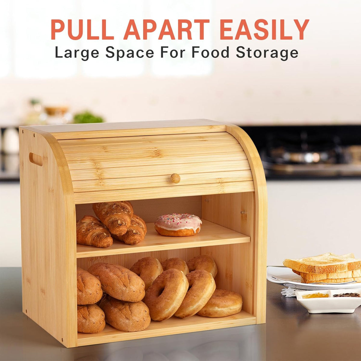 Large Bamboo Bread Box with Roll Top for Kitchen Storage