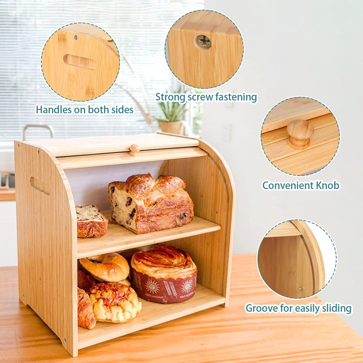 Large Bamboo Bread Box with Roll Top for Kitchen Storage
