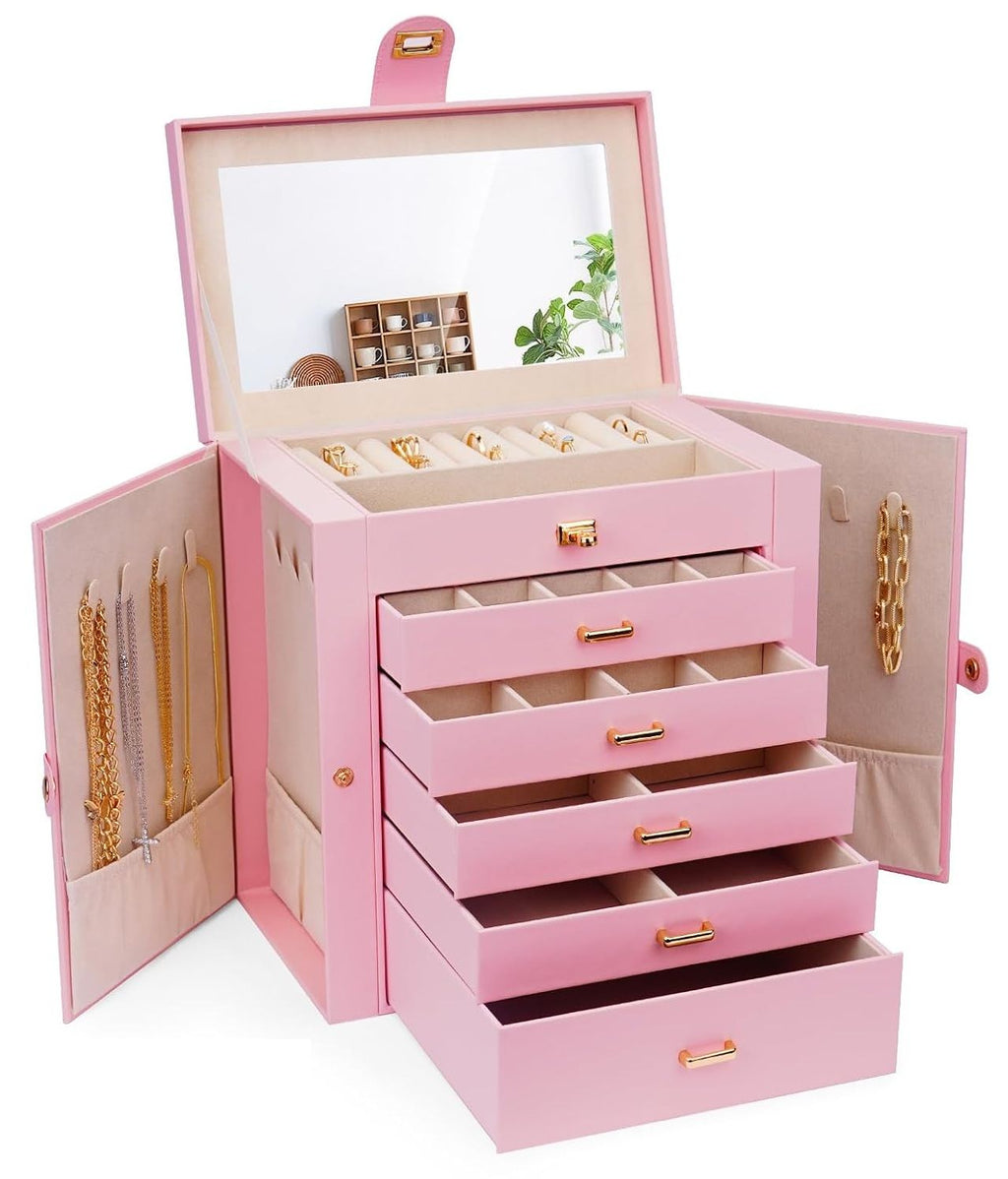 Large Jewelry Box with Mirror - Lock - 5 Drawers and Hooks - Pink