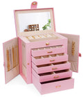 Large Jewelry Box with Mirror - Lock - 5 Drawers and Hooks - Pink
