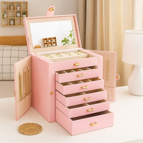Large Jewelry Box with Mirror - Lock - 5 Drawers and Hooks - Pink