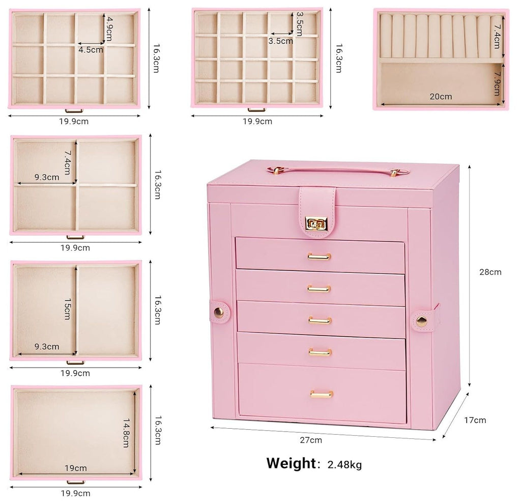 Large Jewelry Box with Mirror - Lock - 5 Drawers and Hooks - Pink