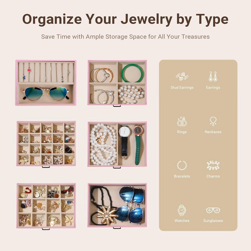 Large Jewelry Box with Mirror - Lock - 5 Drawers and Hooks - Pink