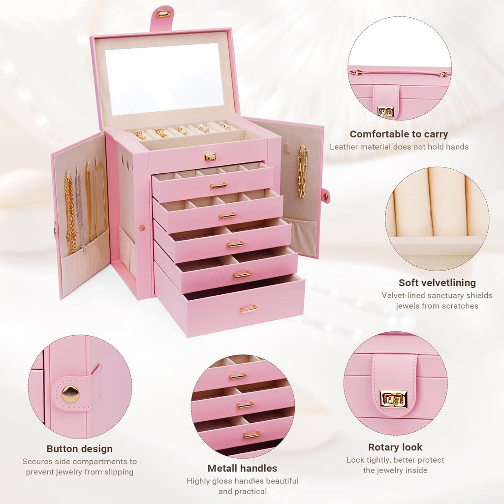 Large Jewelry Box with Mirror - Lock - 5 Drawers and Hooks - Pink