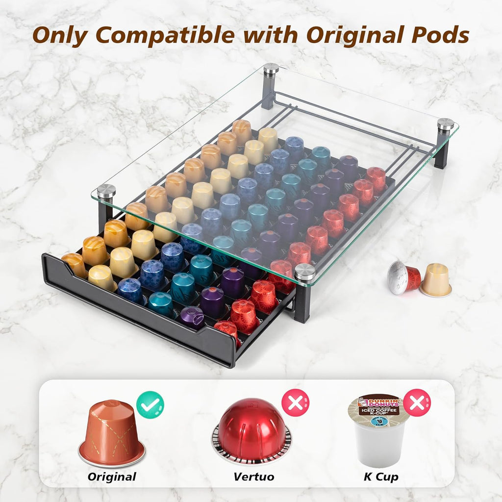 Coffee Pod Holder Drawer with Tempered Glass Top