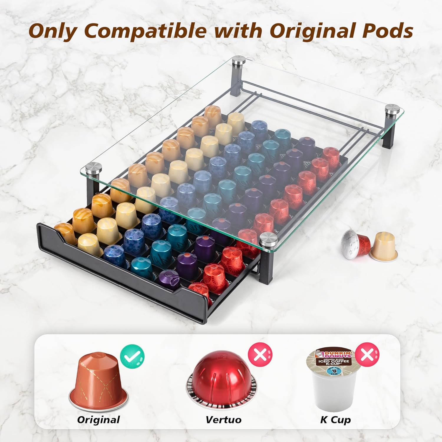 Coffee Pod Holder Drawer with Tempered Glass Top