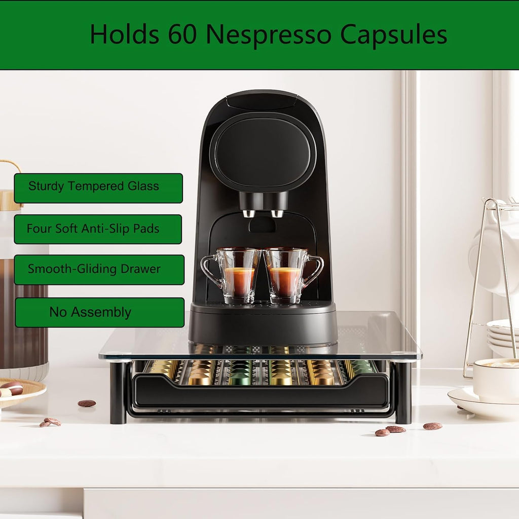 Coffee Pod Holder Drawer with Tempered Glass Top