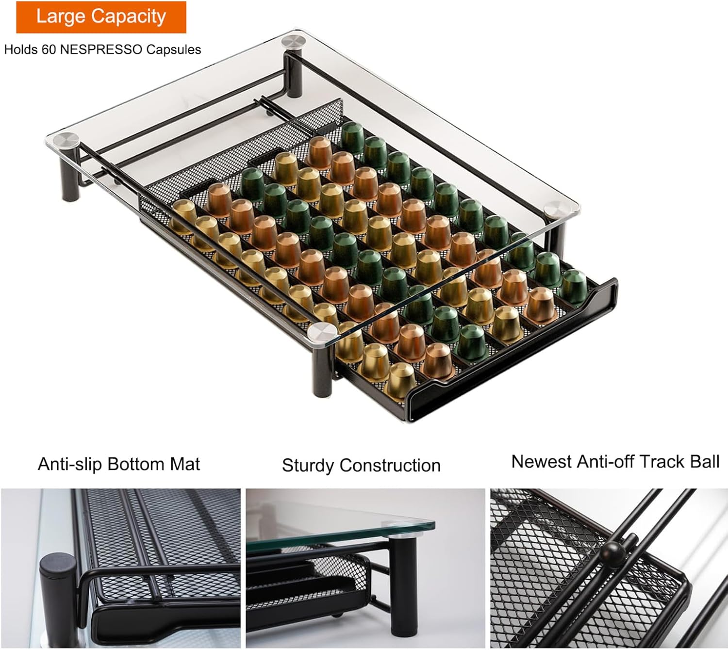 Coffee Pod Holder Drawer with Tempered Glass Top