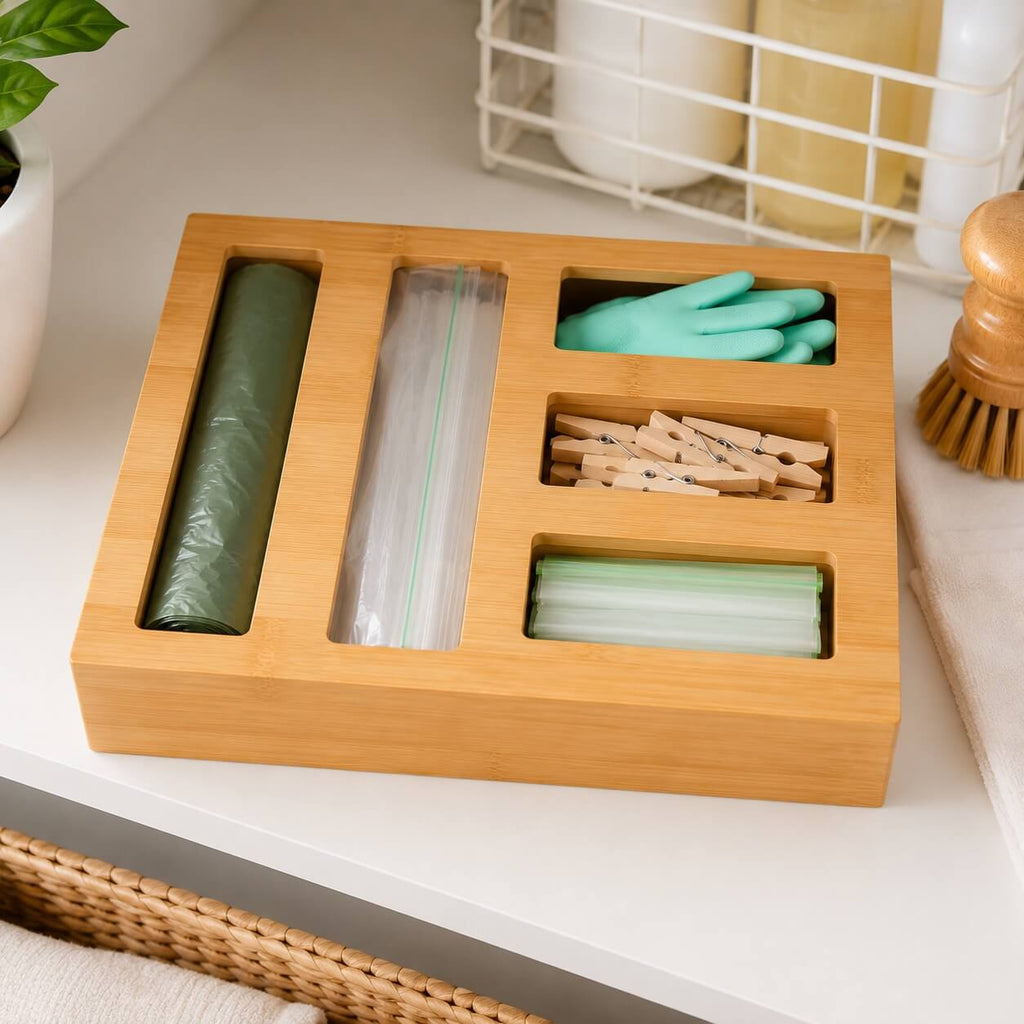 Bamboo Sandwich Bag Organiser – 5 Slot Dispenser-1