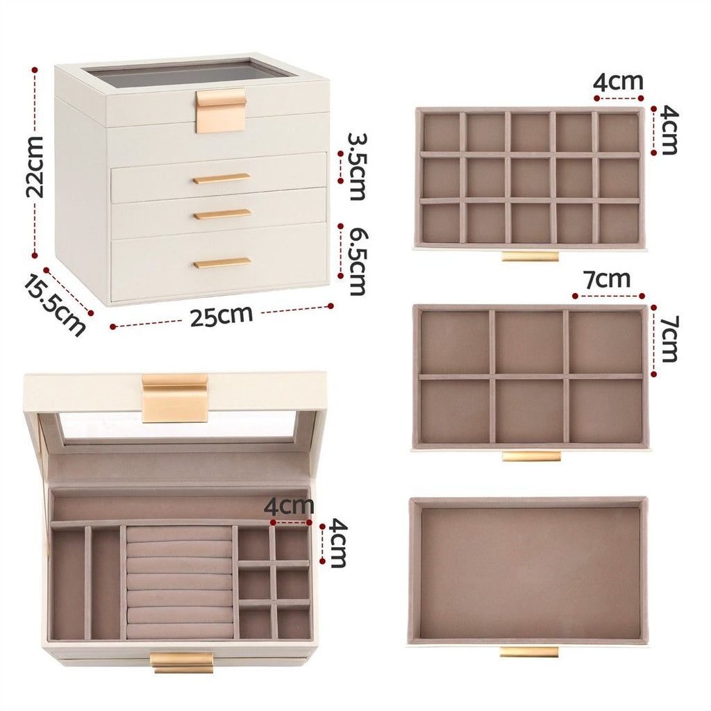 Embellir Jewellery Box 4 Layer Organiser Storage Case Glass Lid Drawers White