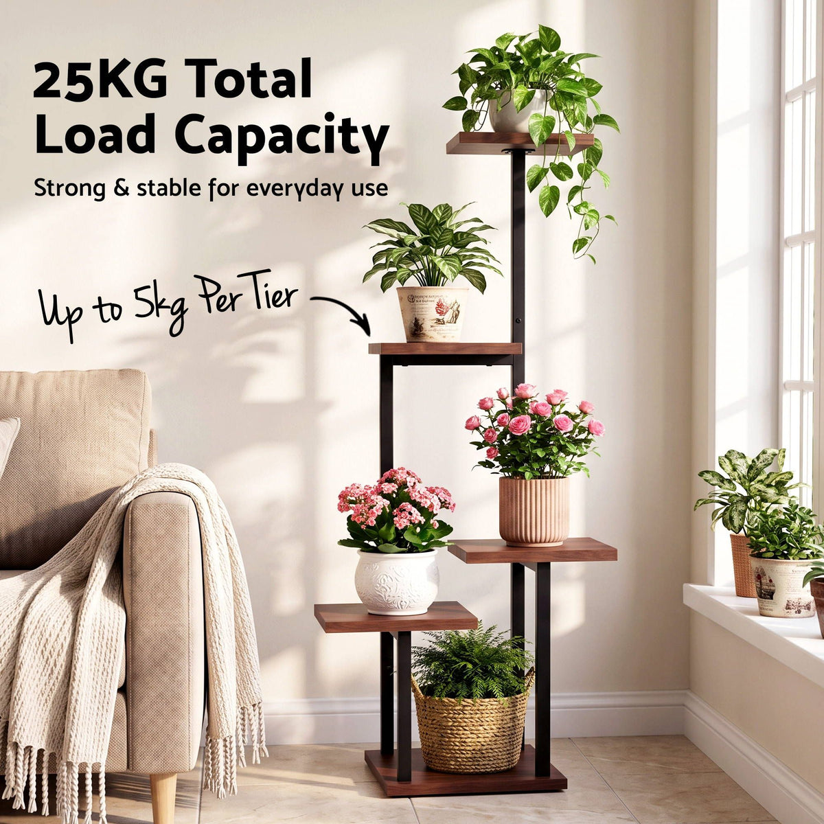 Artiss 5-Tier Plant Stand Indoor Outdoor, Metal & Wood Pot Plant Shelf, Tall Display Rack for Multiple Plants, Tiered Flower Holder for Patio Garden Balcony Living Room Corner Bedroom, Brown