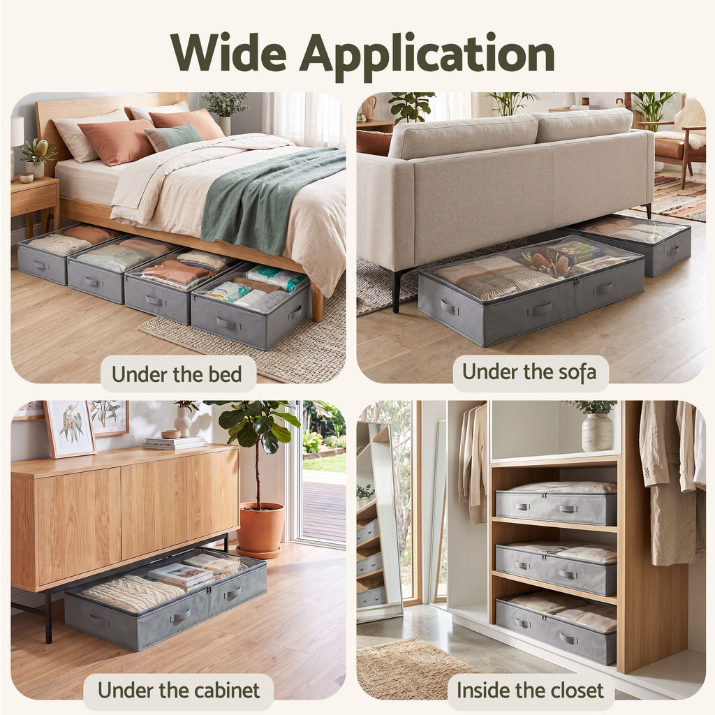 Artiss Under Bed Storage Containers X4 90L Boxes Organiser Clear Top Fabric Grey
