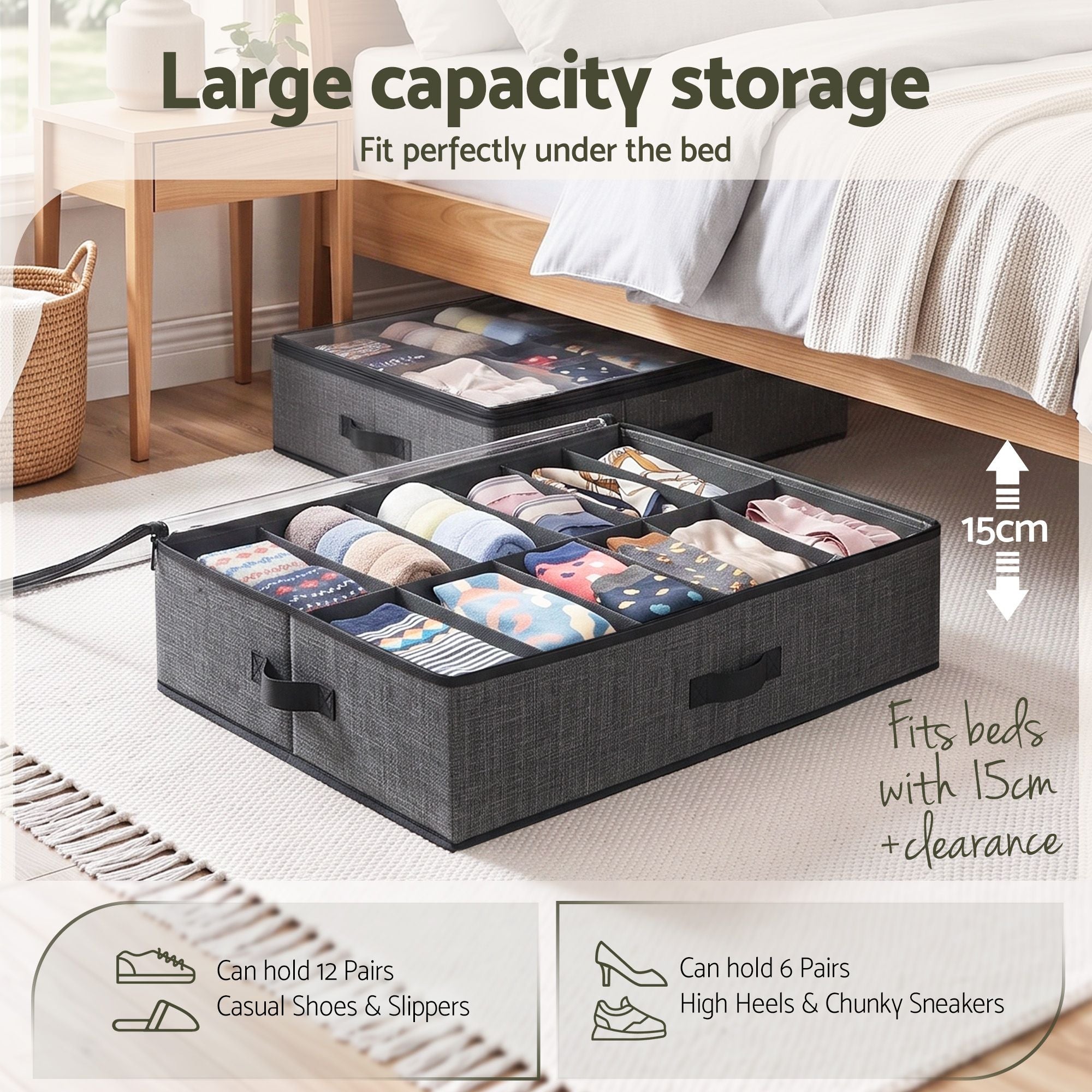Artiss Under Bed Shoe Storage Containers X2 Box Organiser 12 Pairs Fabric Grey