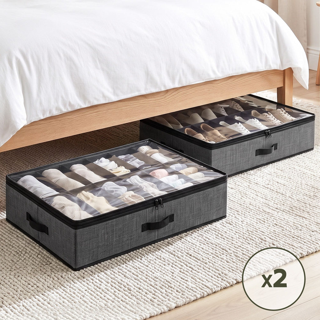 Artiss Under Bed Shoe Storage Containers X2 Box Organiser 12 Pairs Fabric Grey