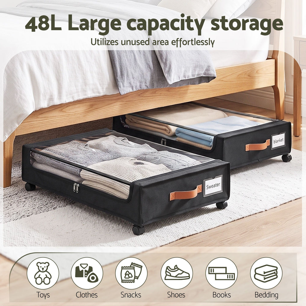 Artiss 2X Under Bed Storage Containers 48L Clothes Organiser Wheels Oxford Black