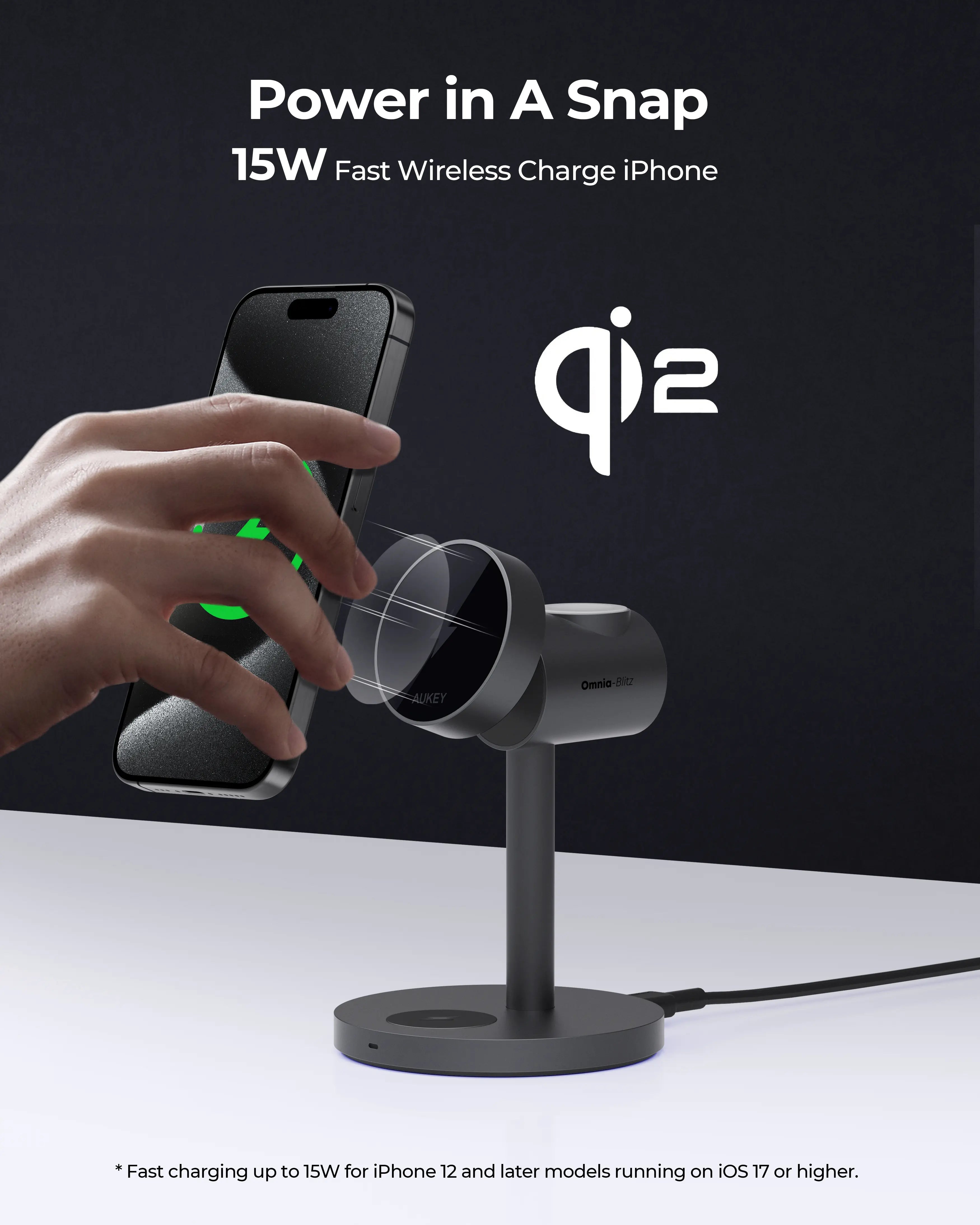 AUKEY MagFusion Qi2 15W 3-in-1 Wireless Charging Station for iPhone, Apple Watch & AirPods – LC-MC311