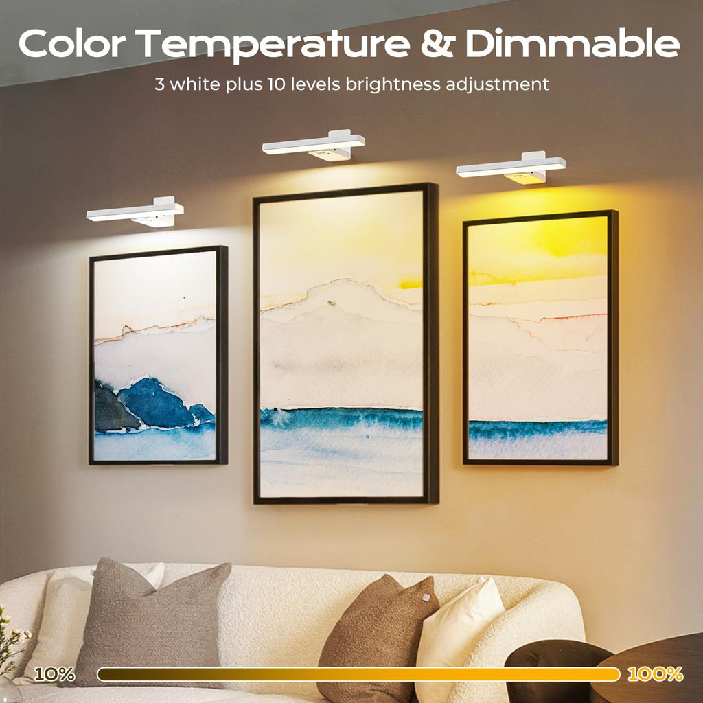 White Rechargeable Picture Light with Remote, Dimmable 3 Colour LED Wall Light for Artwork, Frames, Mirrors and Gallery Walls