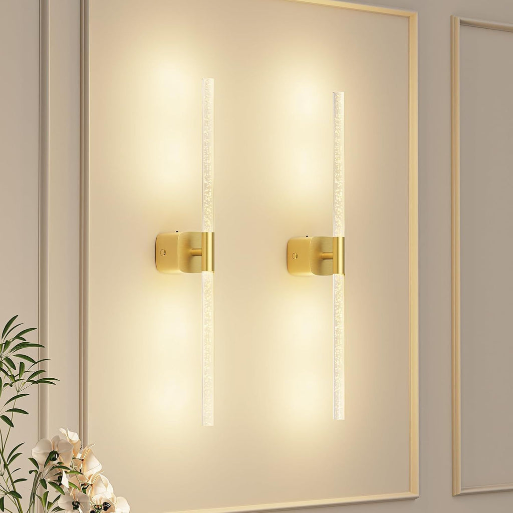 Gold Battery Operated Wall Sconce Set of 2, Rechargeable Wireless Wall Lights with Remote and Touch, 360° Rotatable Sconces Wall Decor for Bedroom Living Room (23.62 Inch, 2-Pack)
