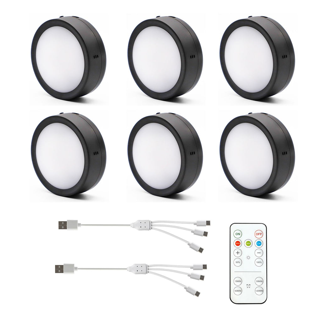 AIBOO Rechargeable Cabinet Lights, 6 Pack Puck Lights, 3 Colour, Remote, Black