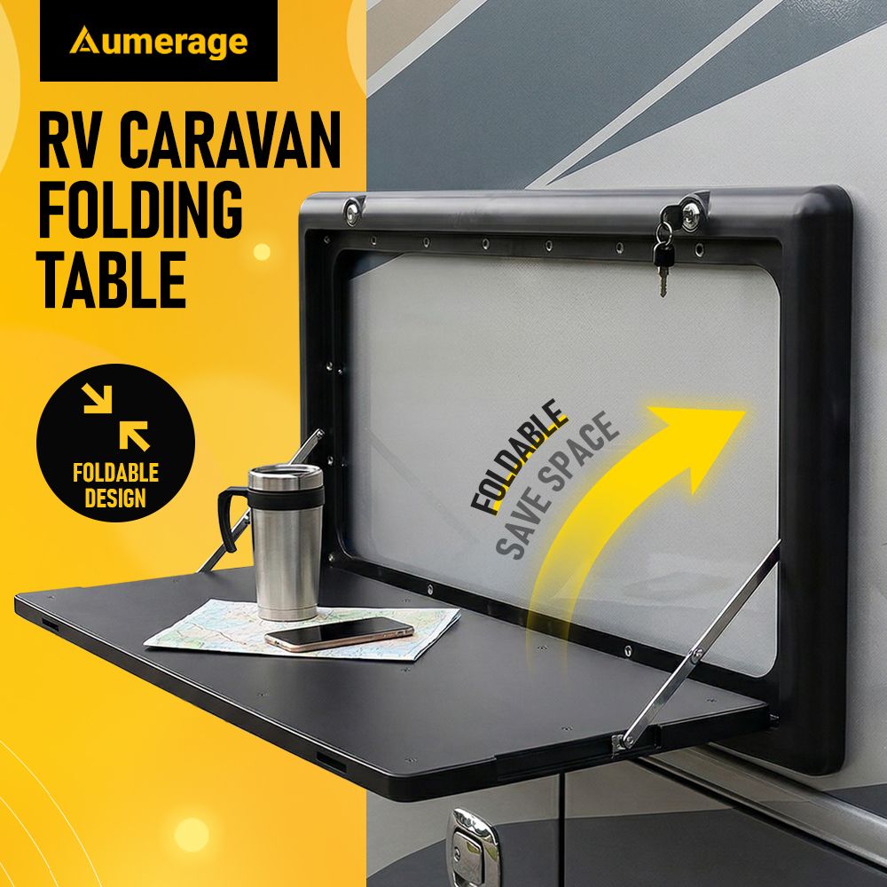 Folding Caravan Table – Lockable Space-Saving Portable Table for Camper, Motorhome & RV, 25kg Capacity, Black