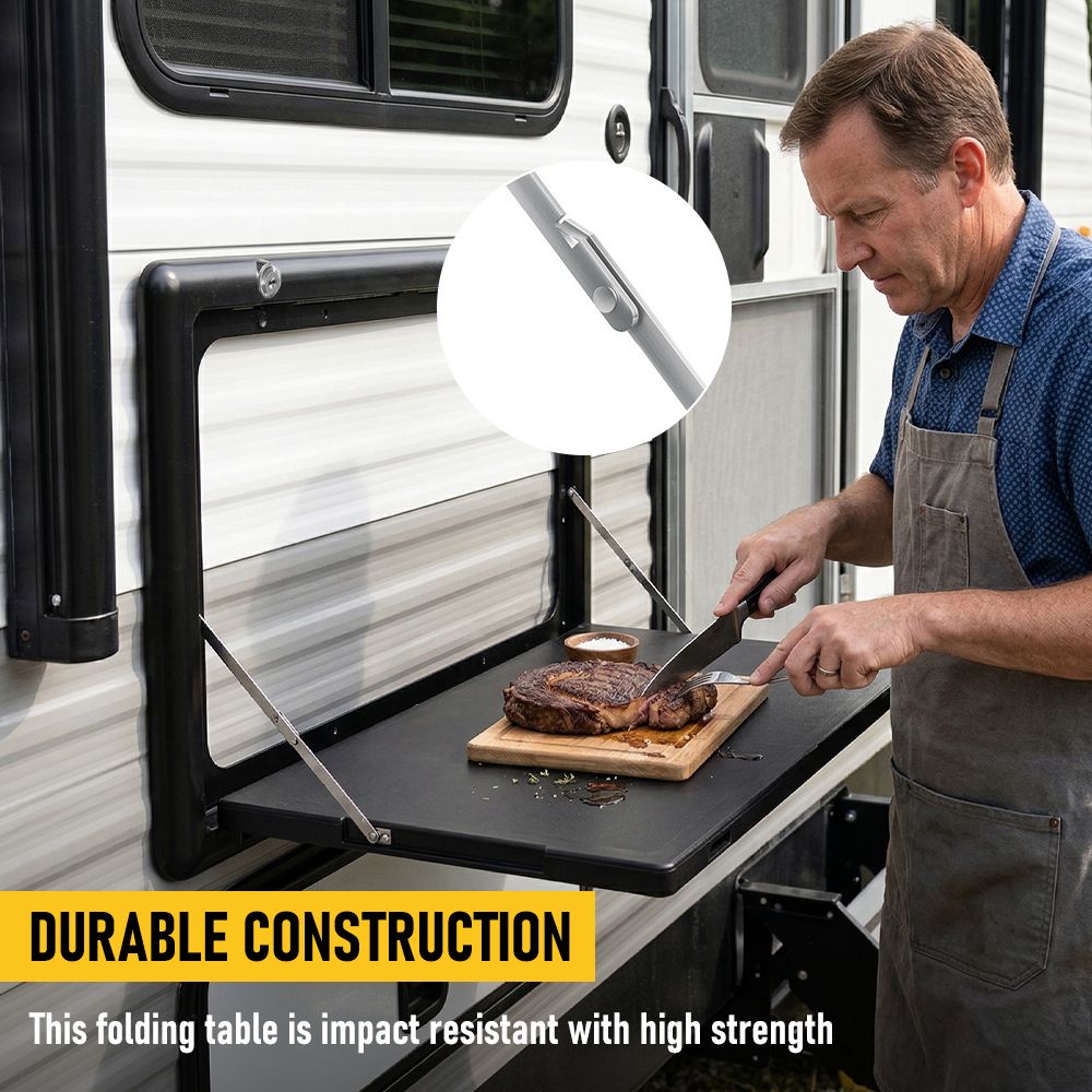 Folding Caravan Table – Lockable Space-Saving Portable Table for Camper, Motorhome & RV, 25kg Capacity, Black