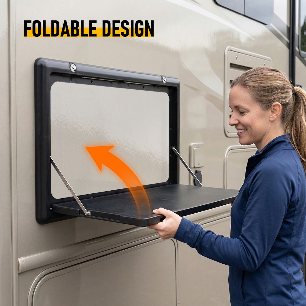 Folding Caravan Table – Lockable Space-Saving Portable Table for Camper, Motorhome & RV, 25kg Capacity, Black