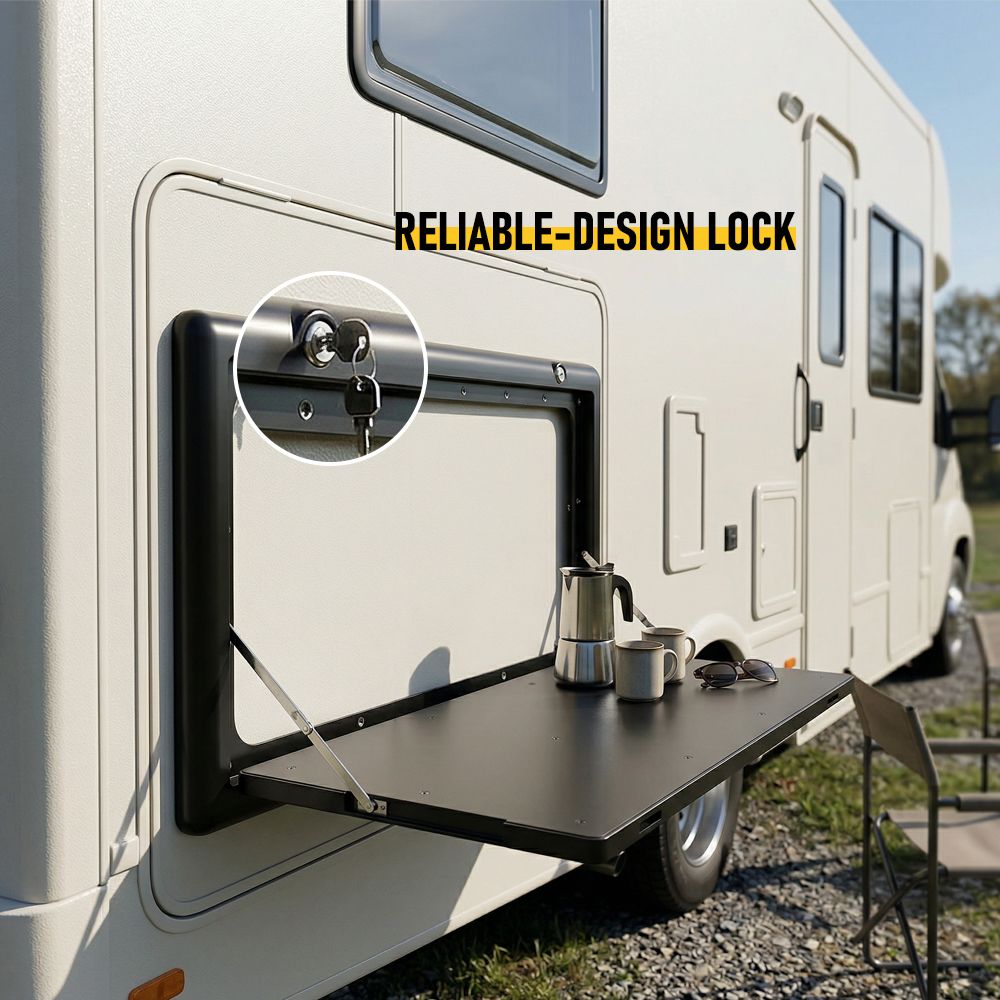 Folding Caravan Table – Lockable Space-Saving Portable Table for Camper, Motorhome & RV, 25kg Capacity, Black