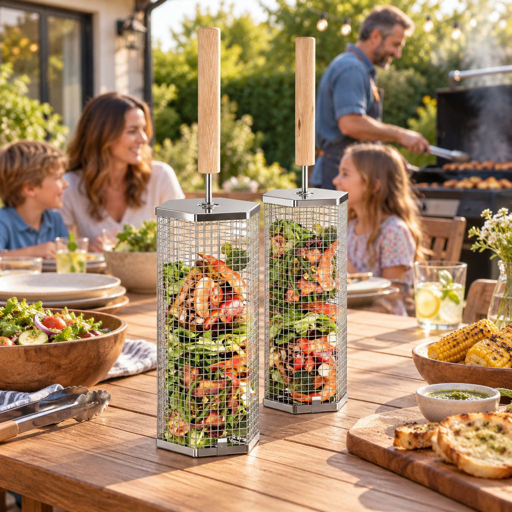 Rolling Grill Basket with Removable Handle, 304 Stainless Steel BBQ Grilling Basket for Vegetables, Fish, Shrimp & Meat
