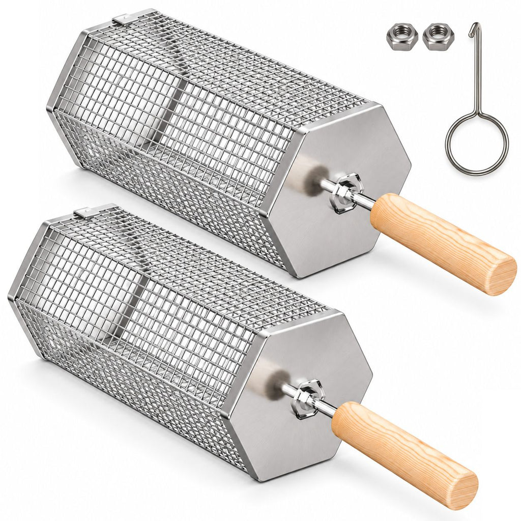 2Pcs Rolling Grill Basket with Removable Handle, 304 Stainless Steel BBQ Grilling Basket for Vegetables, Fish, Shrimp & Meat