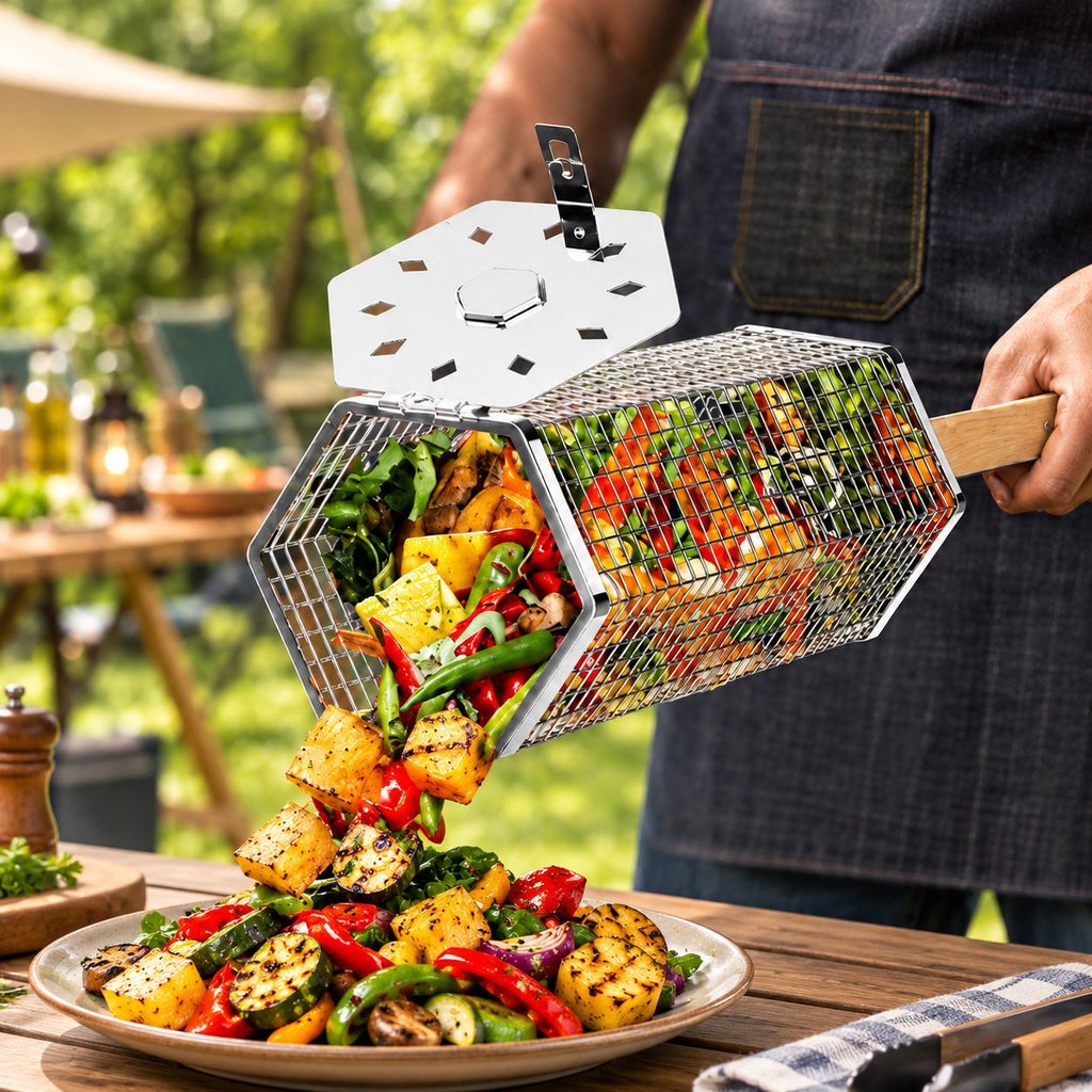 2Pcs Rolling Grill Basket with Removable Handle, 304 Stainless Steel BBQ Grilling Basket for Vegetables, Fish, Shrimp & Meat