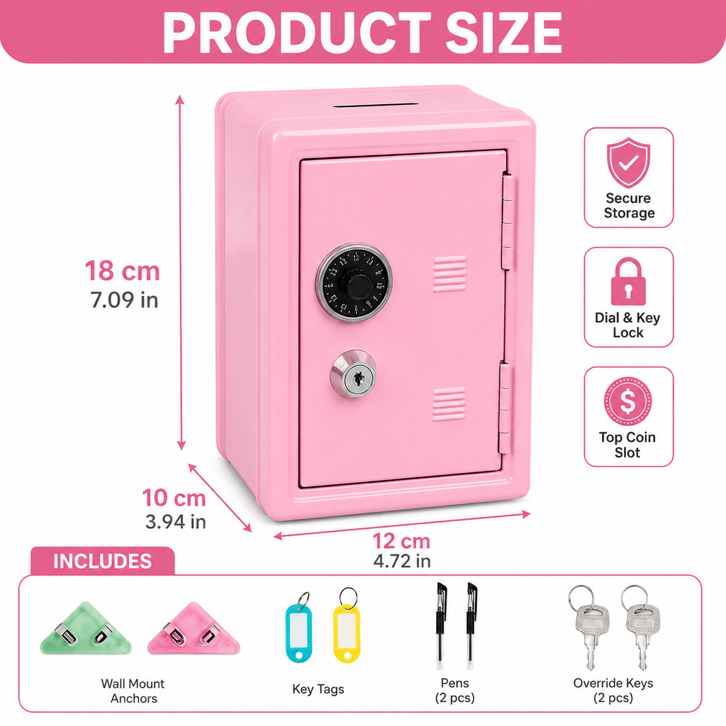 Lockable Metal Money Box, Cash & Coin Storage Box with Key Lock, Compact Piggy Bank for For Kids & Adults, Office & Small Valuables