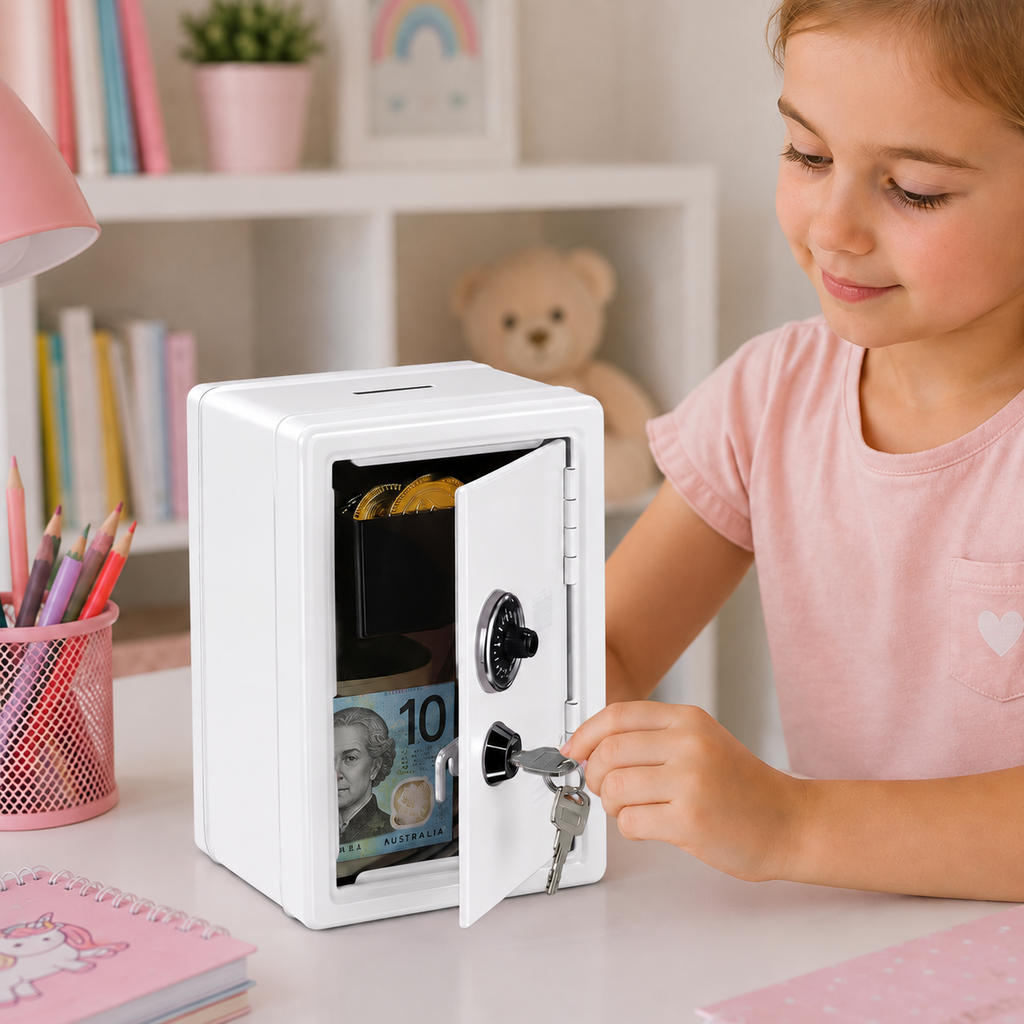Lockable Metal Money Box, Cash & Coin Storage Box with Key Lock, Compact Piggy Bank for For Kids & Adults, Office & Small Valuables-White