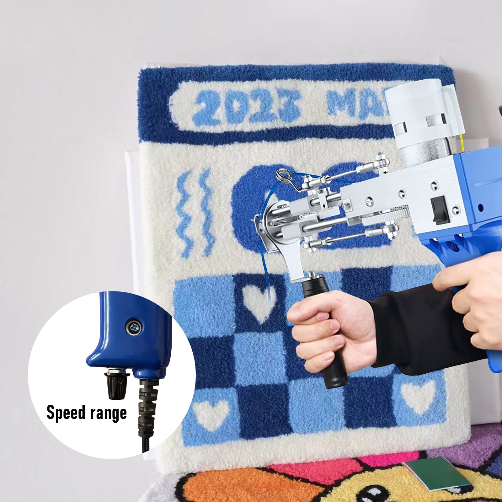 2-in-1 Electric Tufting Gun for Carpet & Rugs, Cut & Loop Pile, 7–18mm Adjustable, 100W, 100–240V-BLUE