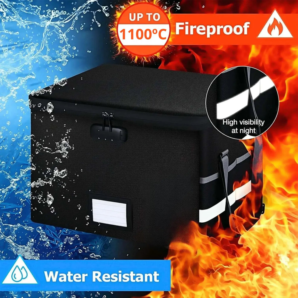 CARLA HOME Fireproof Document Box with Lock - Collapsible Black - Glass Fiber - Reflective Strip Design