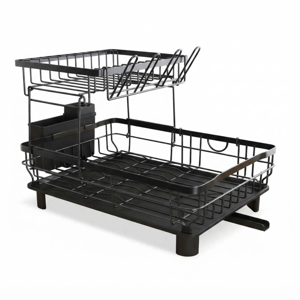 CARLA HOME 2 tier Dish Drying Rack with Drainboard & Utensil Holder for Kitchen (Black)