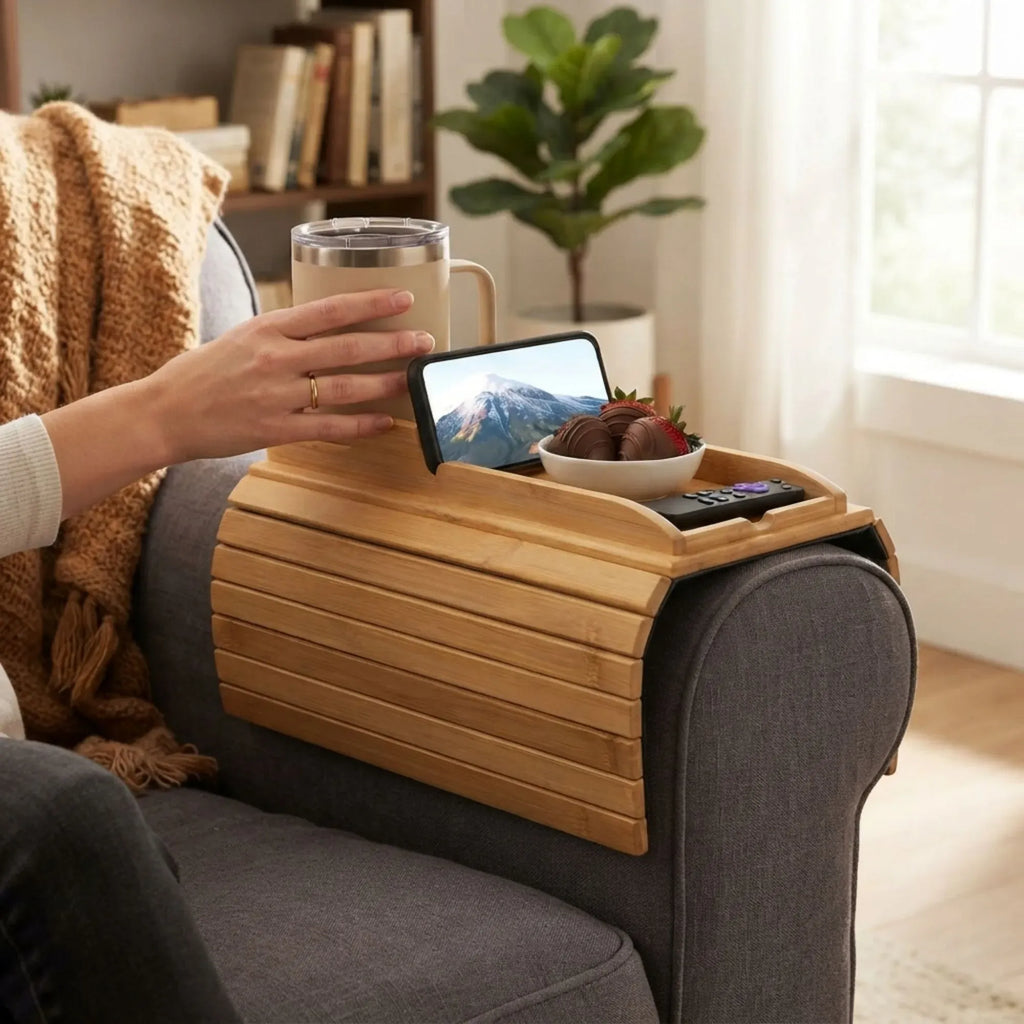 CARLA HOME Bamboo Sofa Armrest Tray, Couch Arm Table, Non-Slip Tray Table