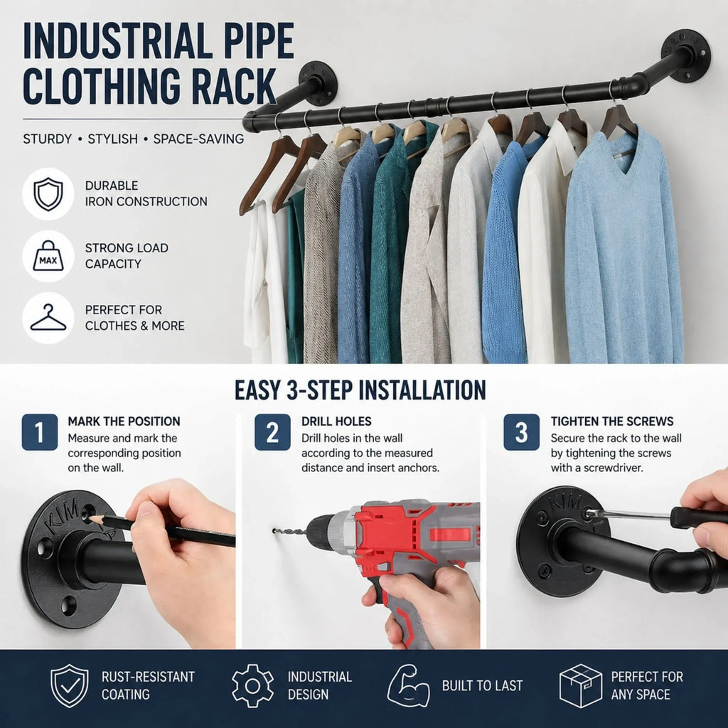 CARLA HOME Industrial Pipe Wall Clothes Rack, 92cm Bar Garment Rack