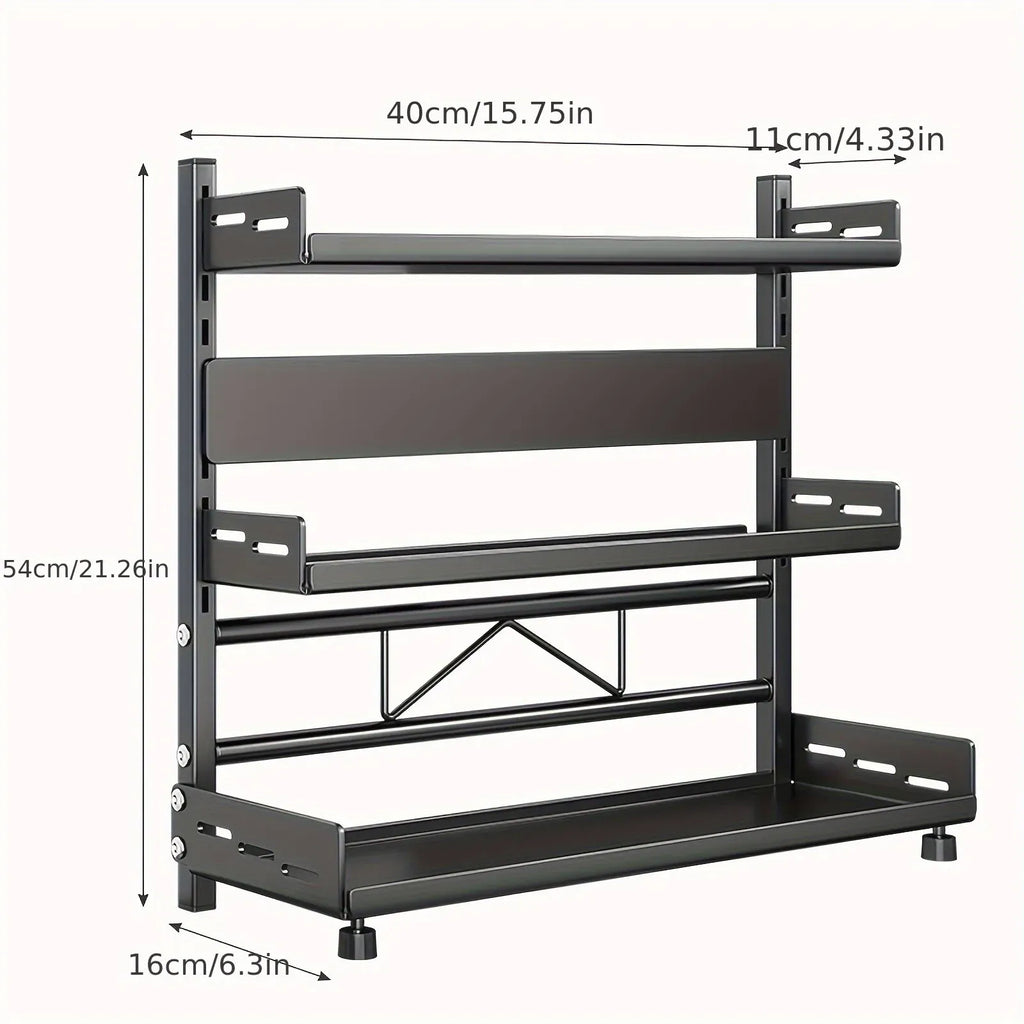 3-Tier Black Stainless Steel Spice Rack Kitchen Condiment Storage Shelf 40x16x54cm