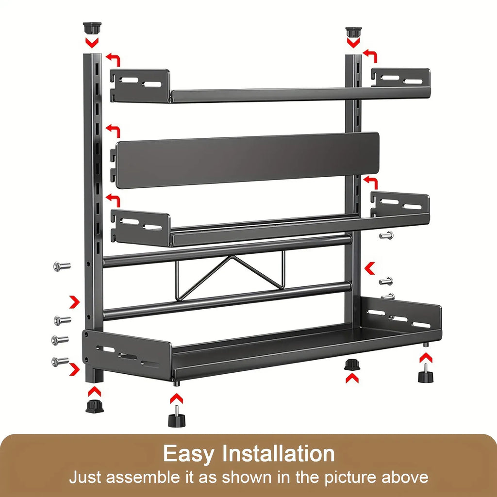 3-Tier Black Stainless Steel Spice Rack Kitchen Condiment Storage Shelf 40x16x54cm