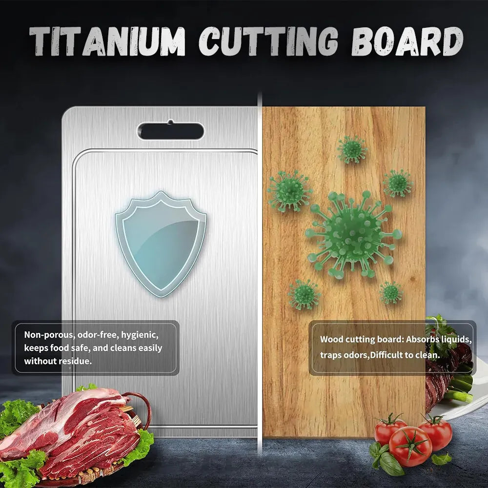 Double-Sided Titanium Cutting Board in Silver, 39x28cm, 1.5mm Thickness for Kitchen and Camping
