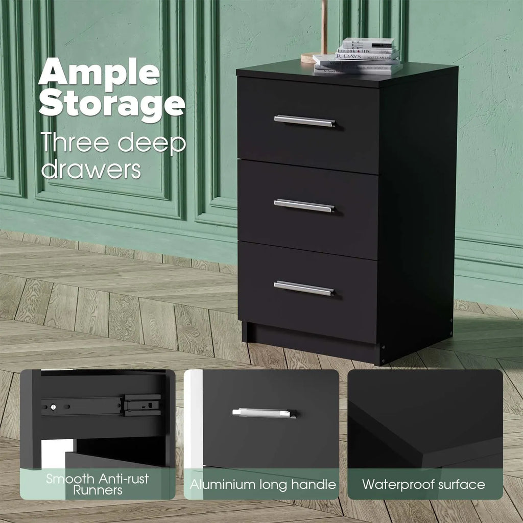Black White Black Bedside Table with 3 Drawers, Modern Design, 38x35x66cm Storage Cabinet