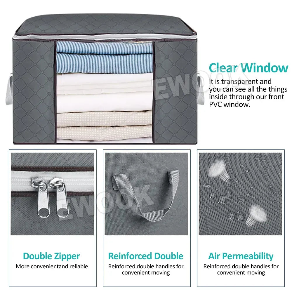 Large Navy Blue Quilt Storage Bags 60x40x35cm - 2-Pack Non-Woven Fabric Organiser with Zipper