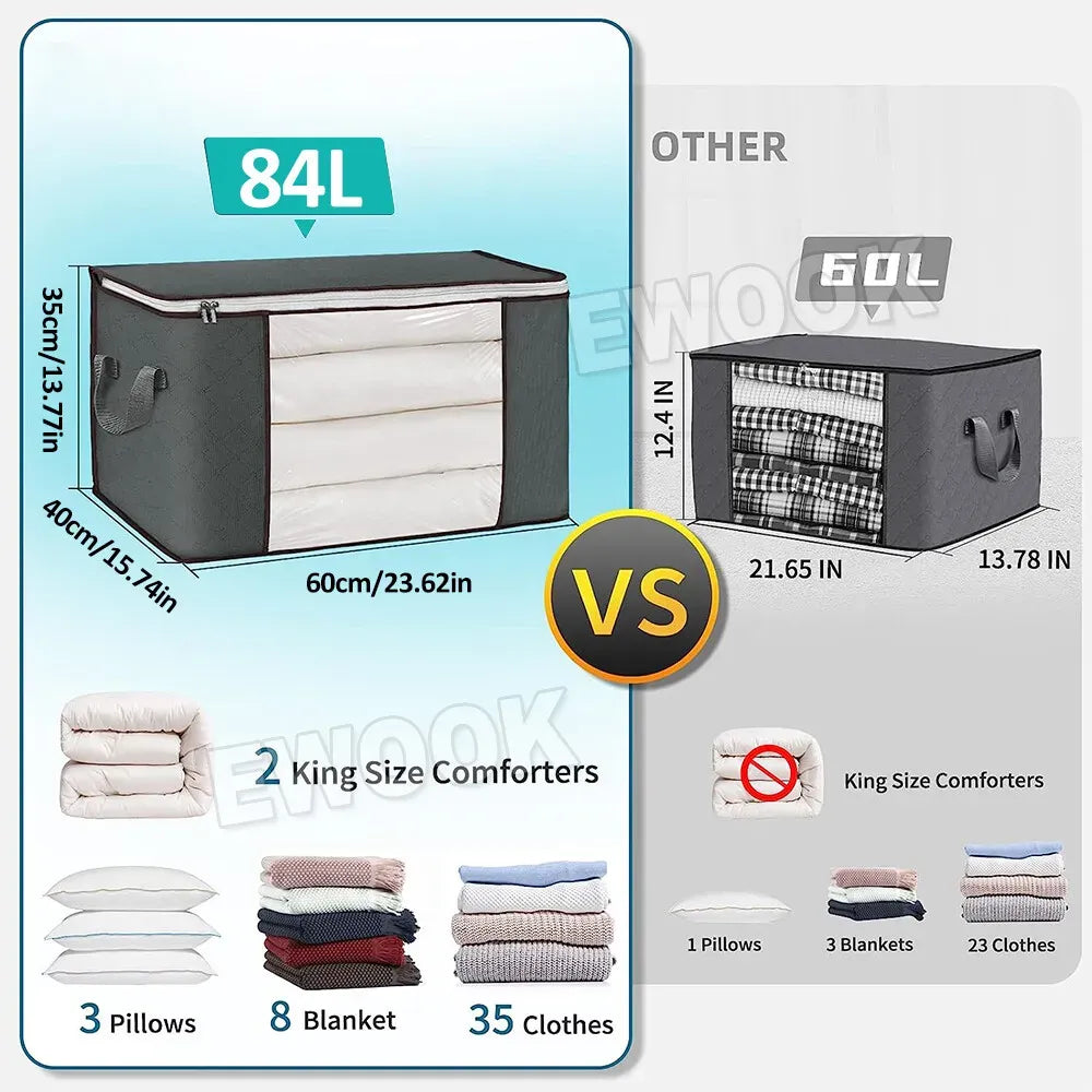 Large Grey Quilt Storage Bags 60x40x35cm - 2-Pack Non-Woven Fabric Organiser with Zipper