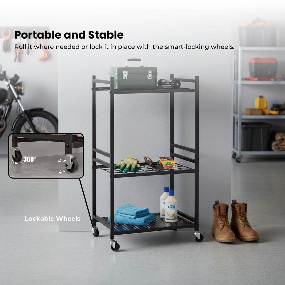 Tooleroo Garden Tool Organiser Rack - Rolling Storage Trolley for Yard Garage