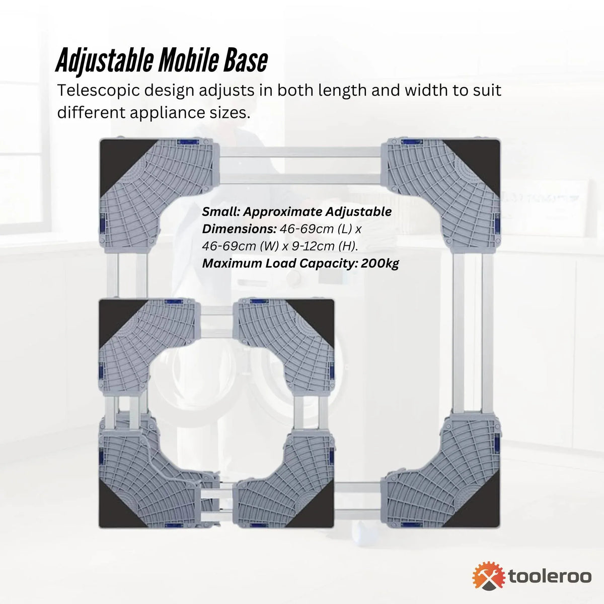 Tooleroo Washing Machine Stand - 200Kg Adjustable Wheeled Fridge Appliance Base