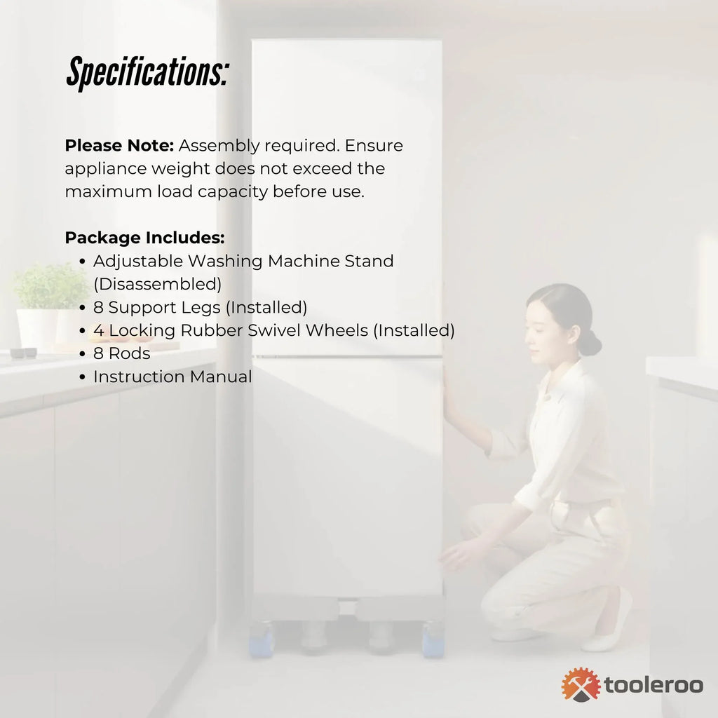 Tooleroo Washing Machine Stand - 200Kg Adjustable Wheeled Fridge Appliance Base