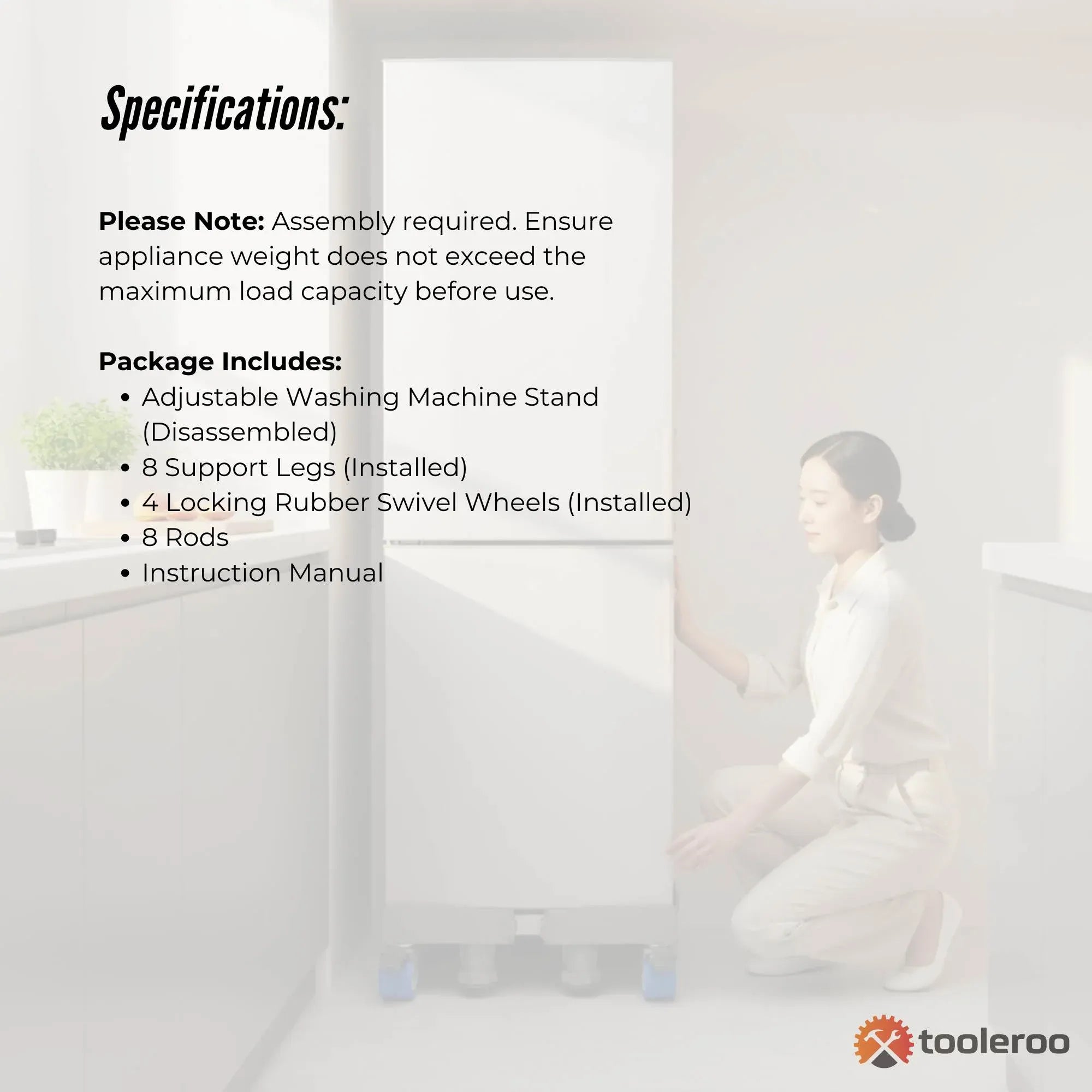 Tooleroo Washing Machine Stand - 200Kg Adjustable Wheeled Fridge Appliance Base